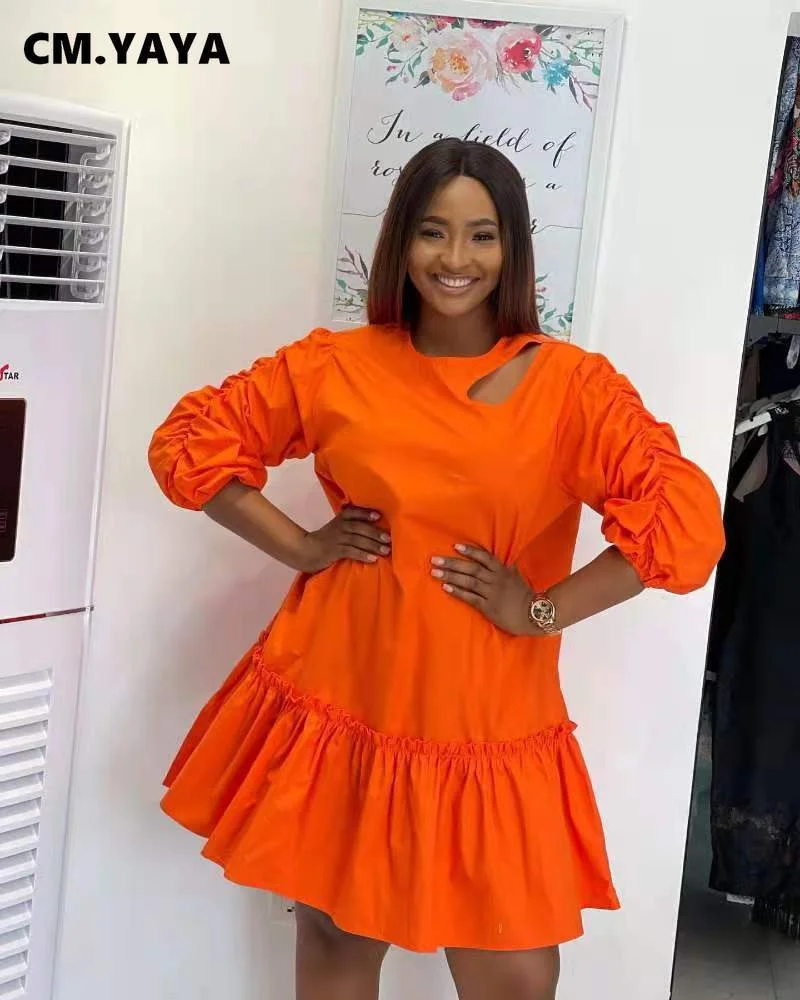 CM.YAYA Women Dress Solid Full Puff Sleeve O-neck Cut Out Zip Ruffles Loose Mini Dresses Fashion Casual Vestidos Summer Outfits