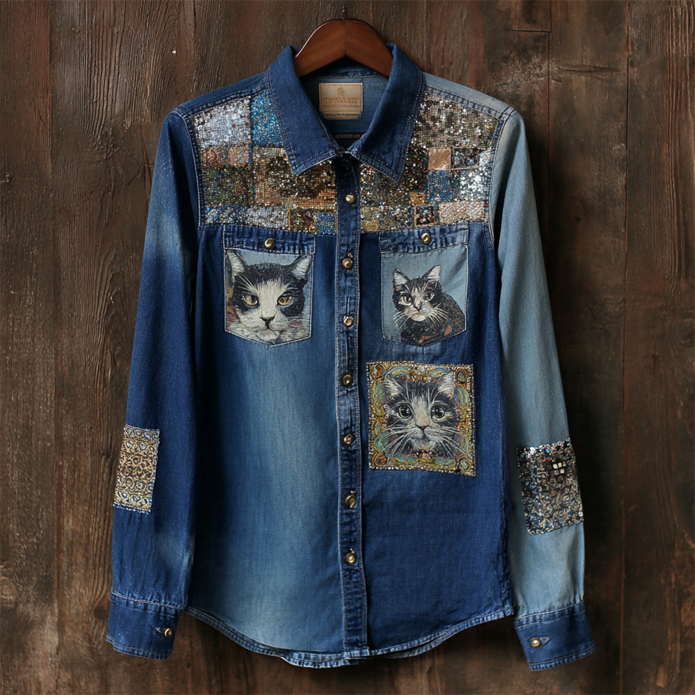 Vintage Sequins & Cat Head Art Women's Long Sleeve Denim Shirt elevenforest