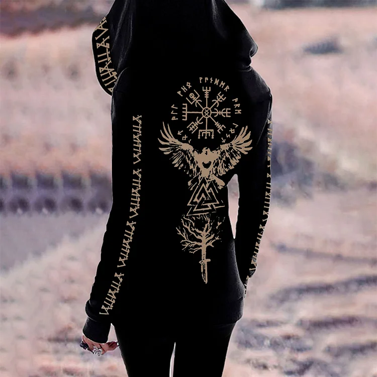 VChics Retro Viking Valhalla Hawk Totem Print Zip Hoodie