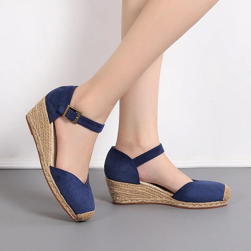 Wongn Wongn Shoes Female Slope Heel Platform New Spring And Autumn Suede One Word Buckle High Heel Hollow Single Shoe Straw Woven