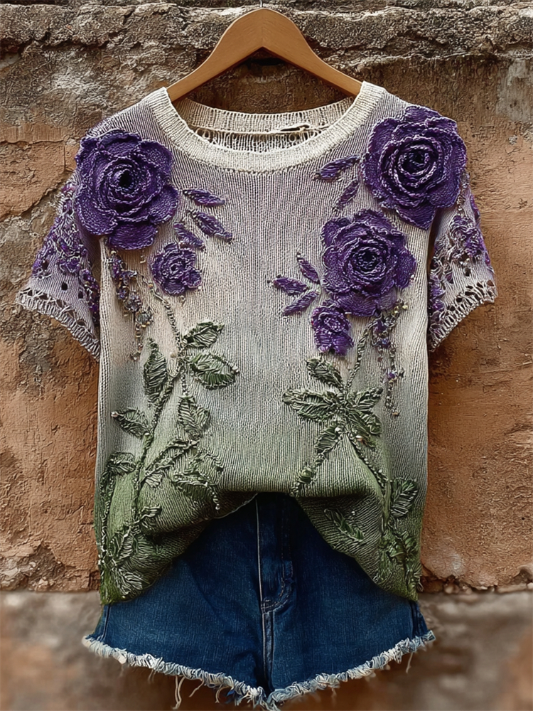 Vintage Purple Roses Gradient Knit Short Sleeve Sweater wearshes