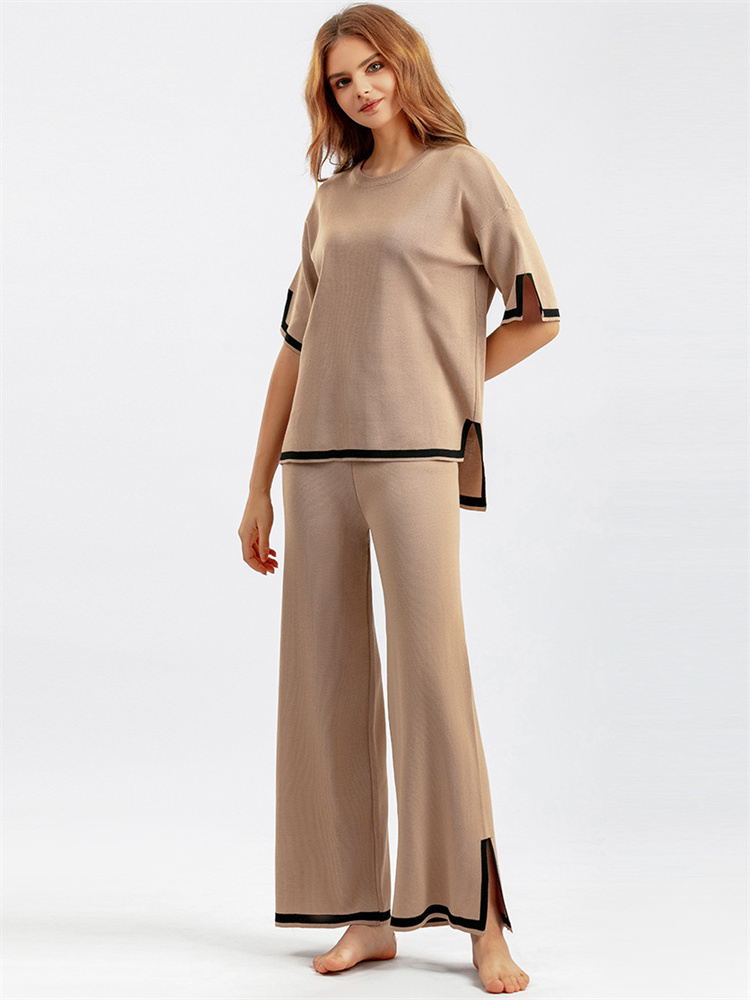 Ootddress Contrast Knit Trousers 2 Piece-Set Female Slim Patchwork Loose Casual Streetwear Pullover And Wide Leg Women's Pants Sets
