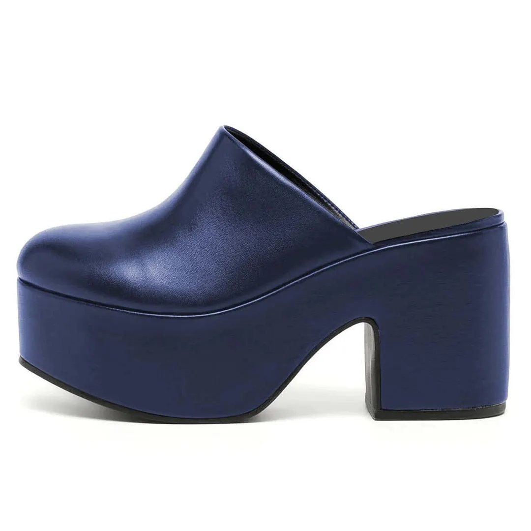 Vegan Leather Block Heel Platform Women's Mules Shoes in Navy