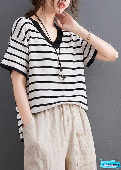 Vintage White Striped Cotton Linen Tops Summer