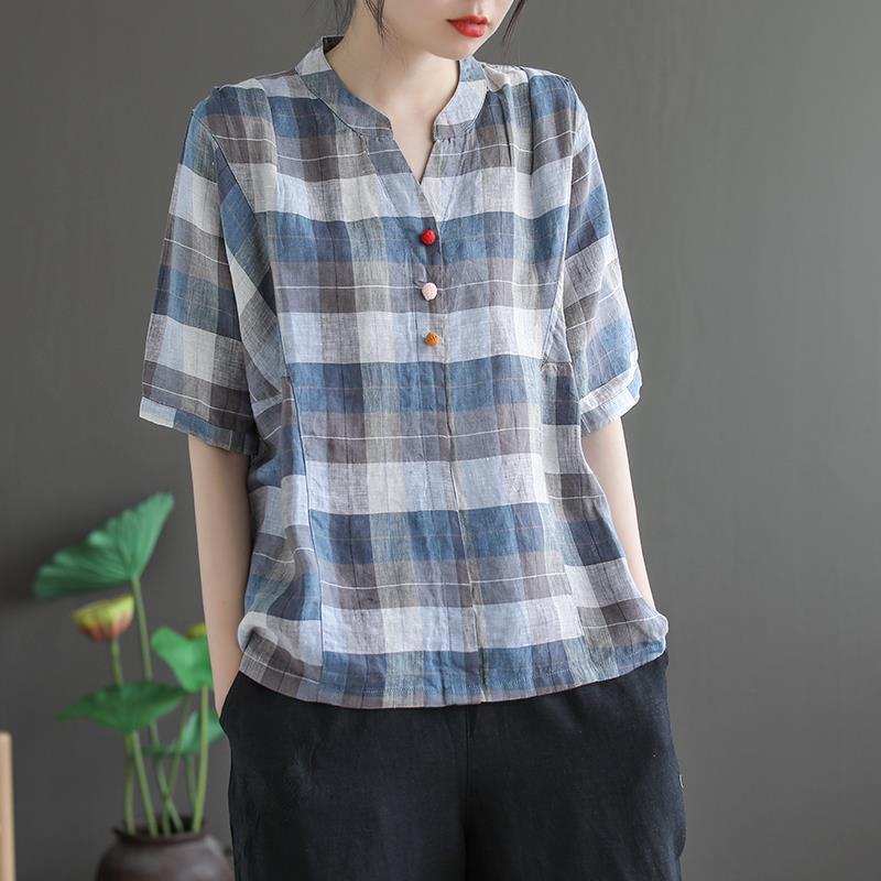 Women V-neck Short Sleeve Casual Cotton Linen Plaid T-shirts