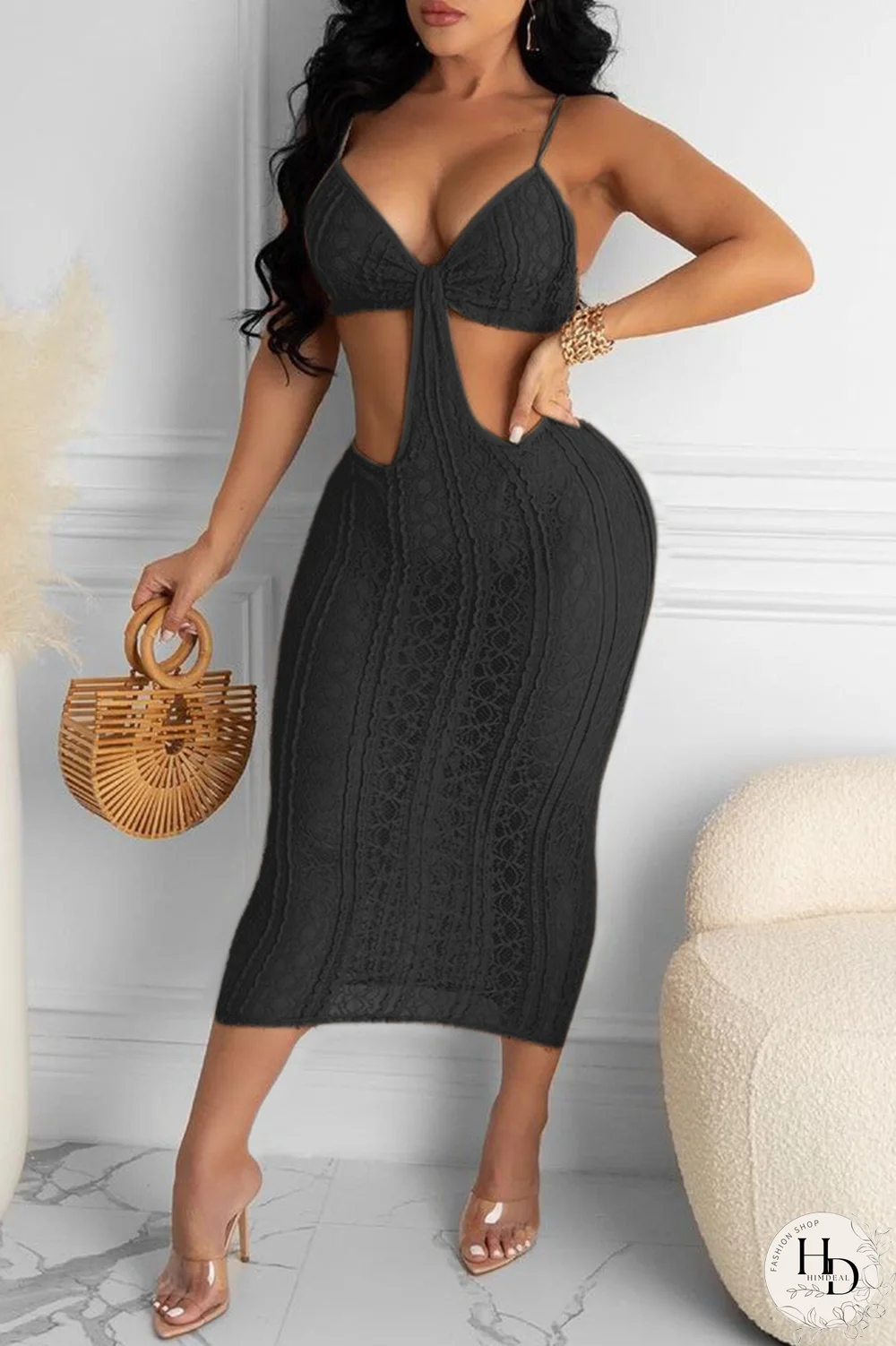 White Sexy Solid Hollowed Out Spaghetti Strap Pencil Skirt Dresses