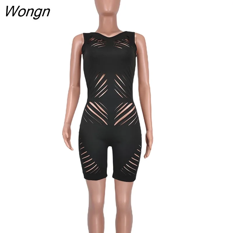 Wongn Sexy Black Hollow Out Skinny One Pieces Rompers Women Summer Sleevless Tank Playsuit Night Clubwear Short Jumpsuit