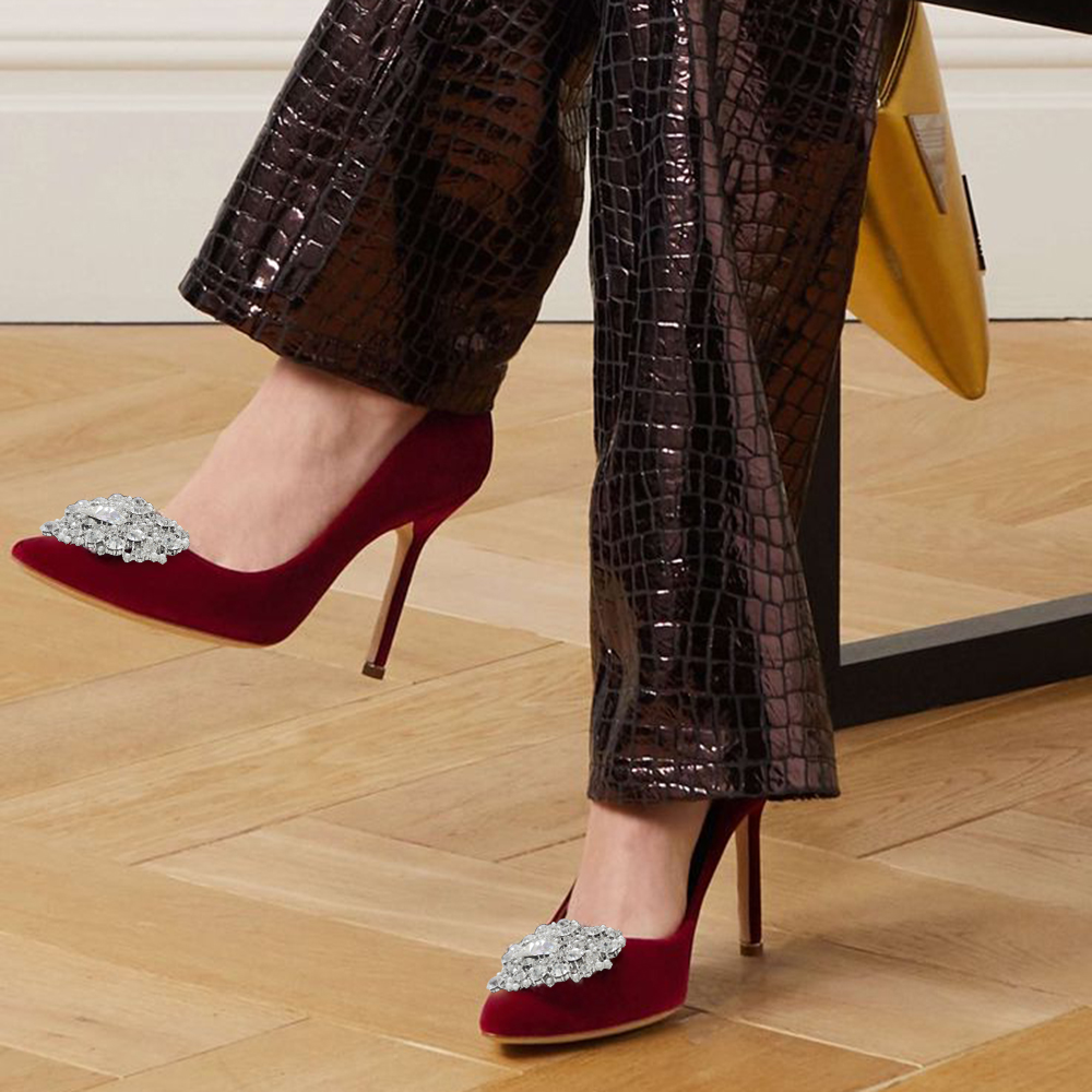 Maroon Velvet Closed Toe Stiletto Heel Rhinestone Pumps Nicepairs