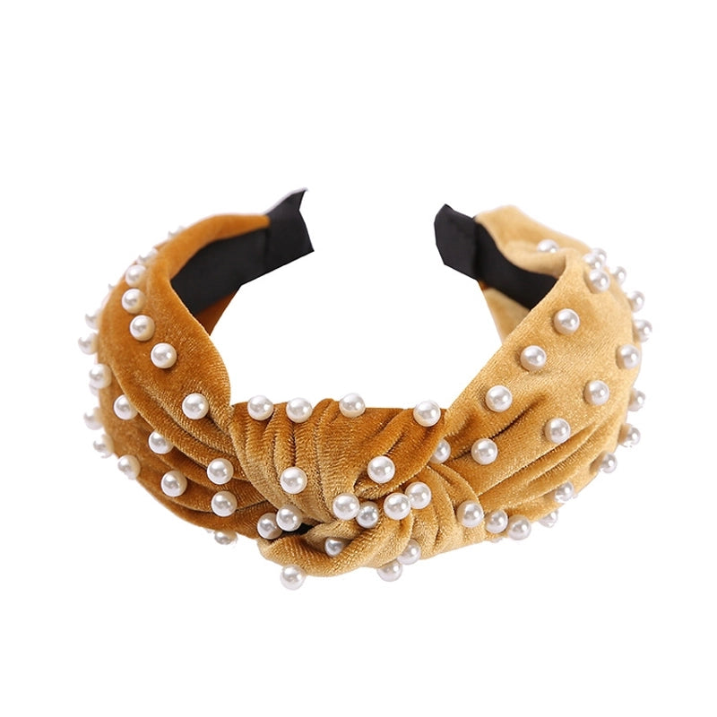 New Wide-brimmed Gold Flocking Bead Headband Simple Retro Pearl Headband Knot Wash Face Headband
