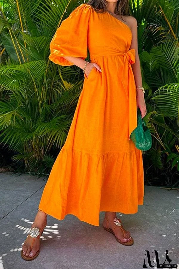 One Shoulder Puff Sleeve Knot Waist Maxi Holiday Dress