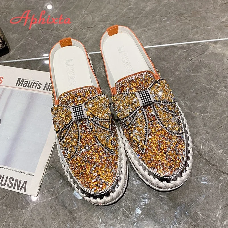 Aphixta 2022 Summer Luxury Bling Bow Slippers Women Sequined Girl Shoes Outside Fashion Platform Slippers For Women