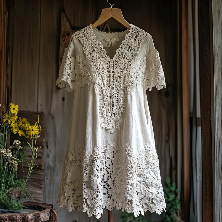 Women's Lace Floral Embroidery Art Midi Dress