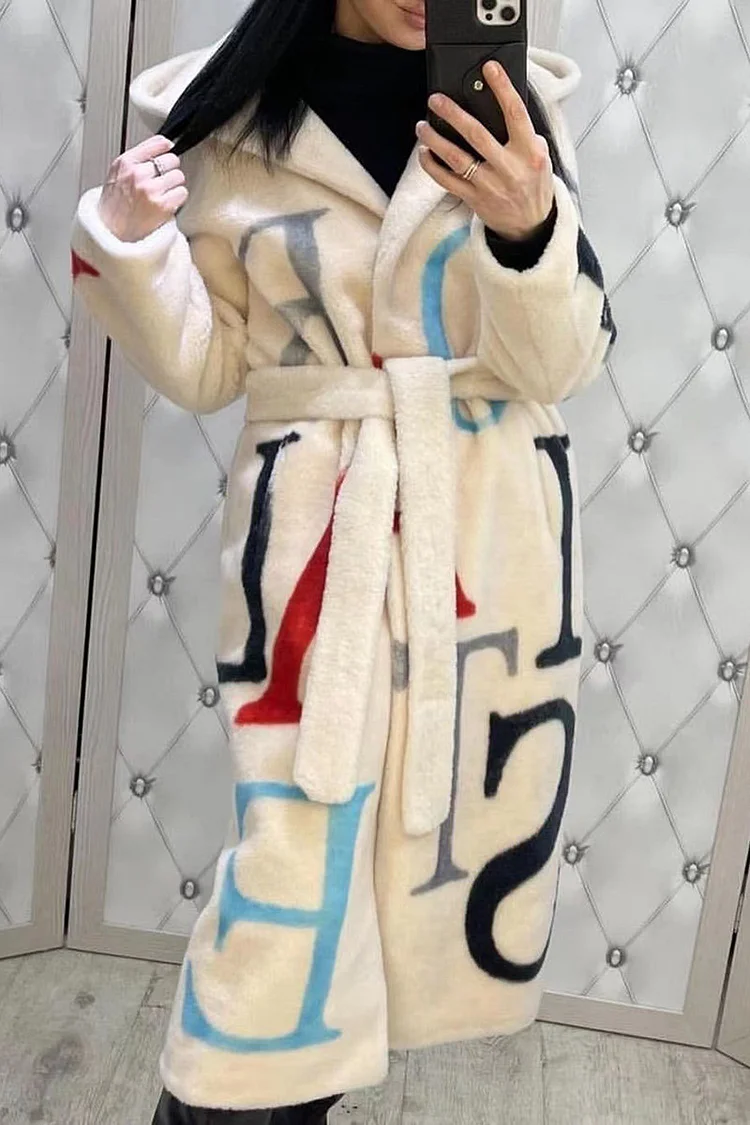 Plus Size Daily Overcoat Letter Print Lace Up Hooded Long Sleeve Overcoat