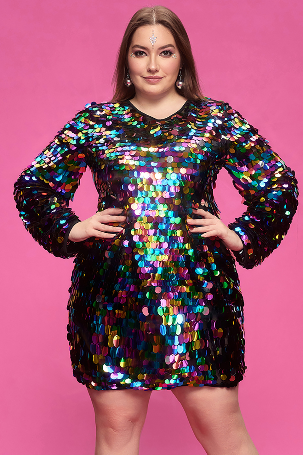 Design Plus Size Party Multicolor Round Neck Long Sleeve Sequin Mini Dresses [Pre-Order]