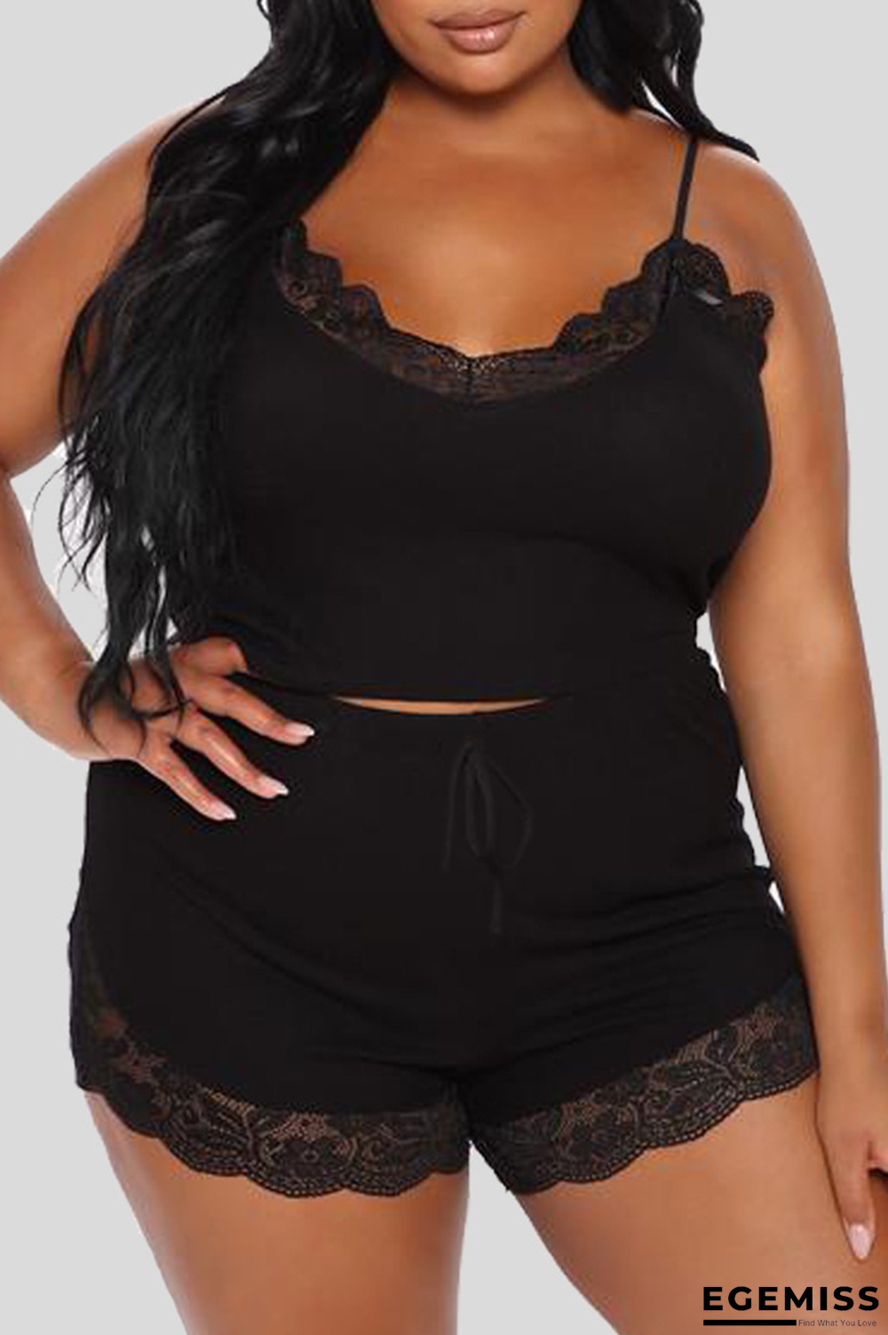 Black Sexy Solid Patchwork Spaghetti Strap Plus Size Two Pieces | EGEMISS