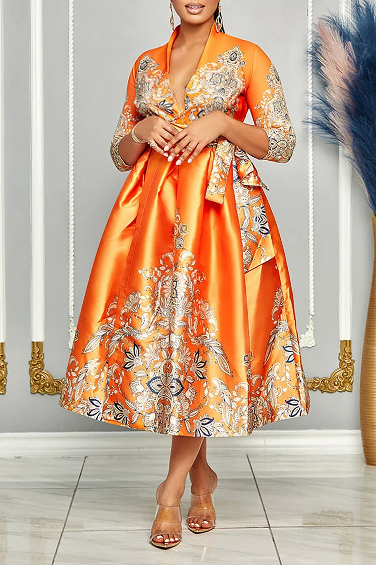 Plus Size Semi Formal Dress Orange Print A Line V Neck Midi Dress