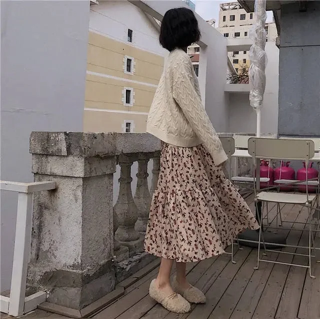 Toloer Corduroy High Waist Floral Print Maxi Skirt-Outfit Ideas