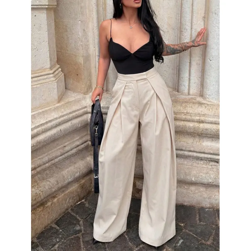 Women High Waist Pleated Wide Leg Trousers