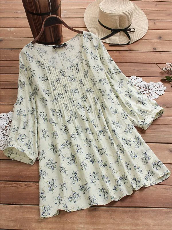 Ladies retro cotton and linen ethnic print long-sleeved shirt