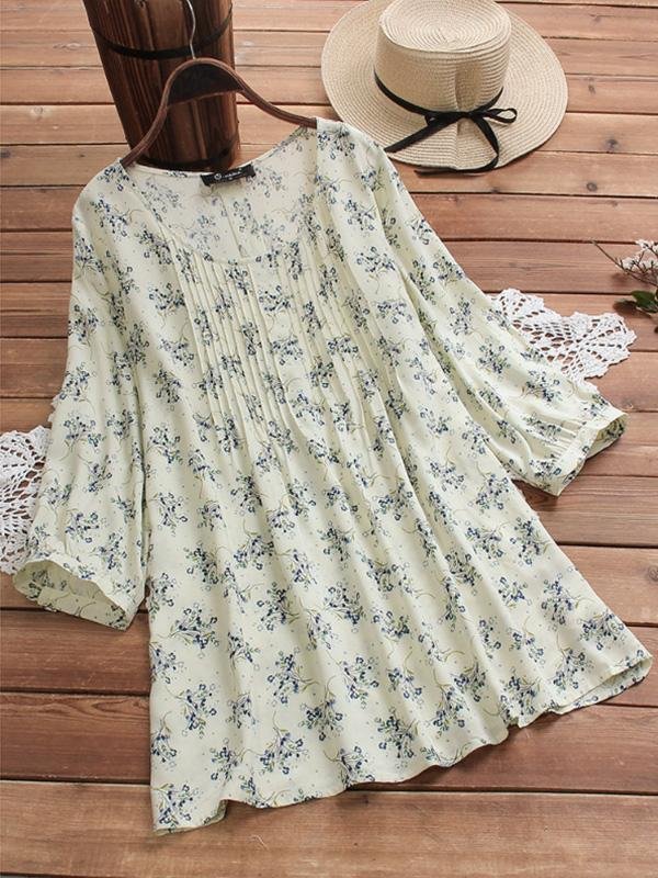 Ladies retro cotton and linen ethnic print long-sleeved shirt-Mayoulove