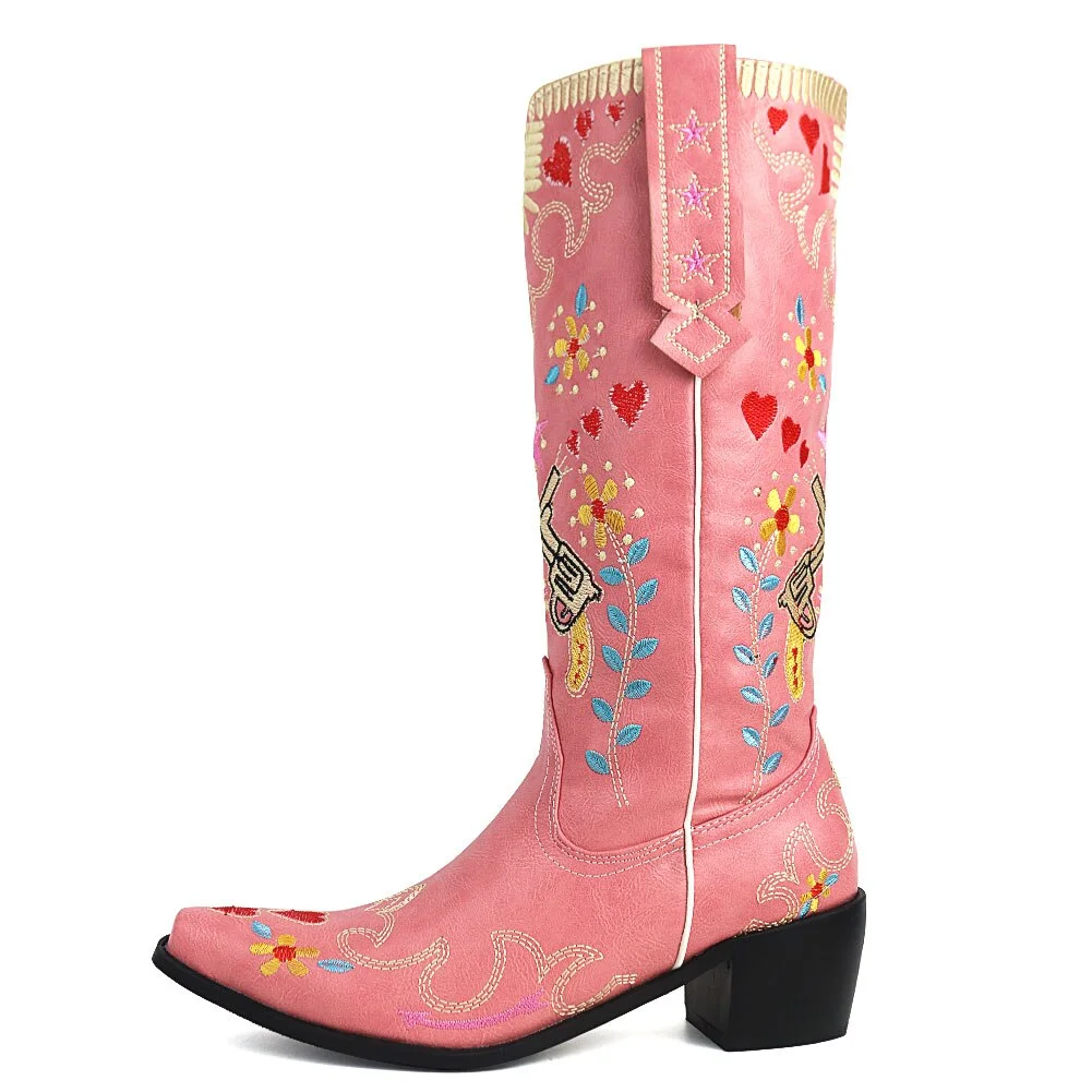 Qengg Brand Cowboy Embroidery Floral Western Boots For Women Slip On Mid Calf Boots Woman Casual Design Shoes Woman