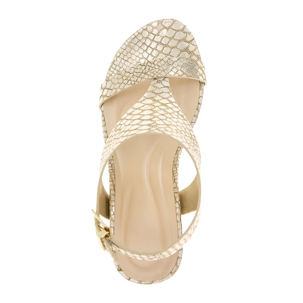 Gold Snakeskin Pattern T-Strap Buckle Wedge Heel Women Sandals