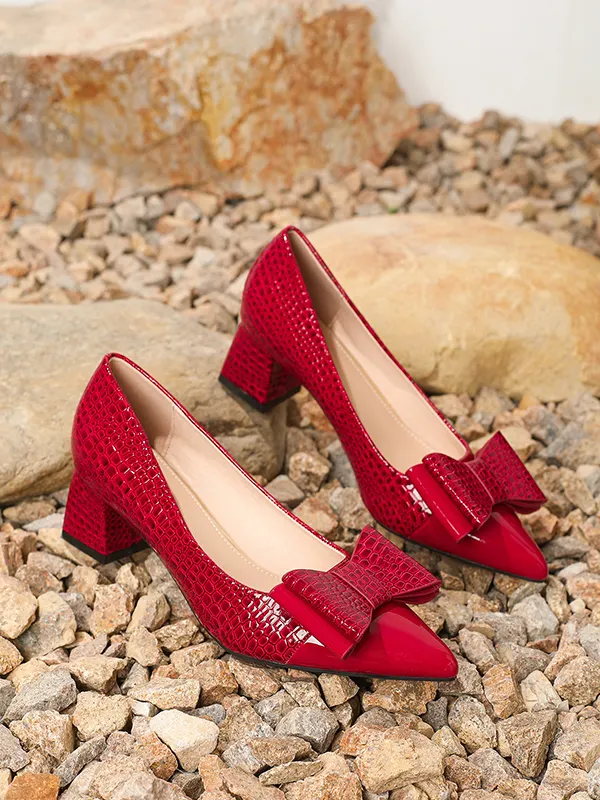 Shiny Pointed-Toe Bowknot Pumps BURGUNDY-43