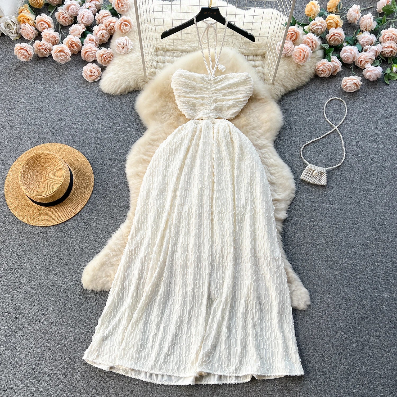 Aiertu  Halter Jacquard Hollow Out Long Dress Women Sleeveless Zipper Drawstring Backless Elastic Waist Sexy Beach Sundress Aiertu