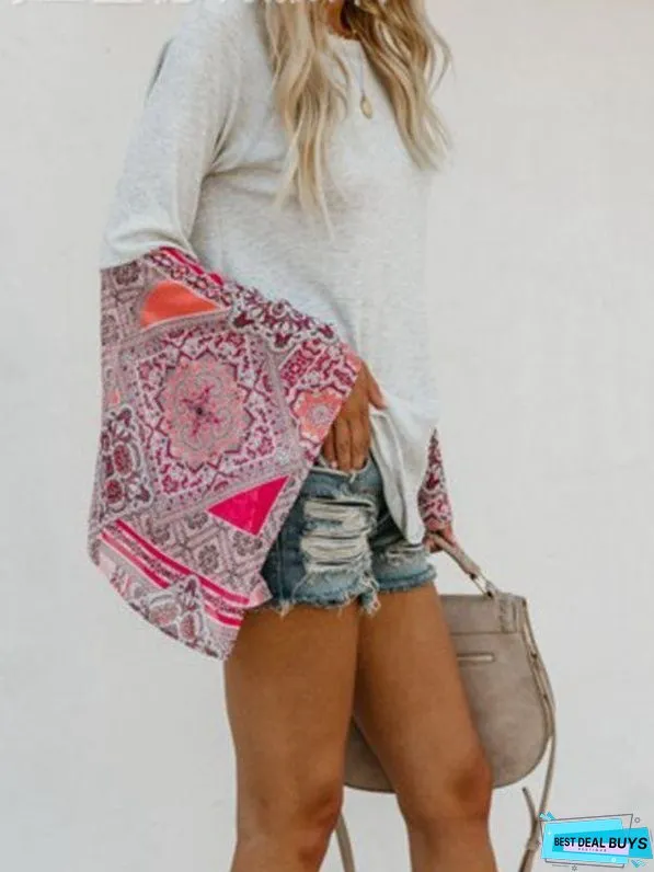 Autumn Solid Color Round Neck Long Sleeve Print Loose Stitching Top
