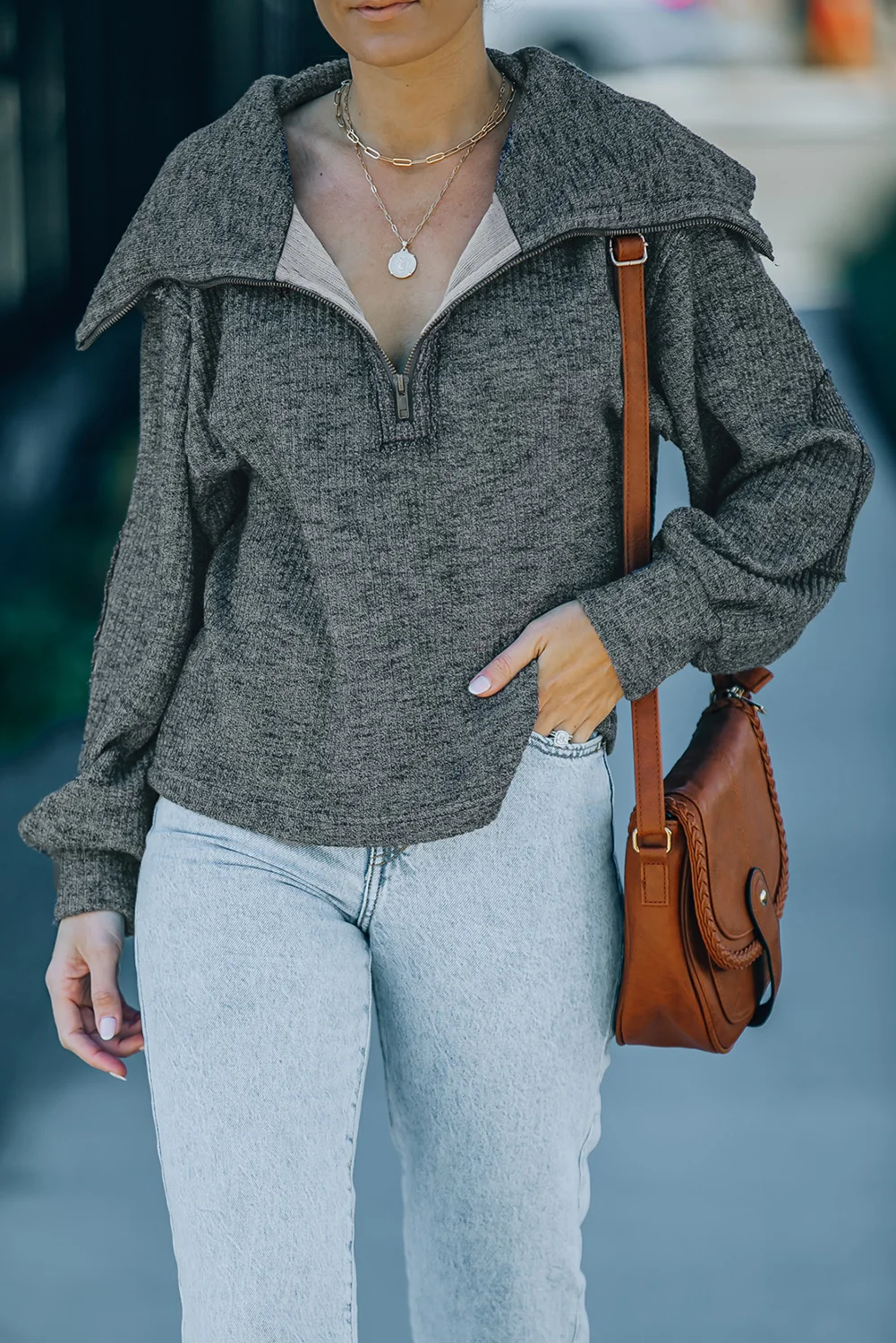 Gray Heather Ribbed Knit Elbow Patch Quarter Zip Pullover | IFYHOME