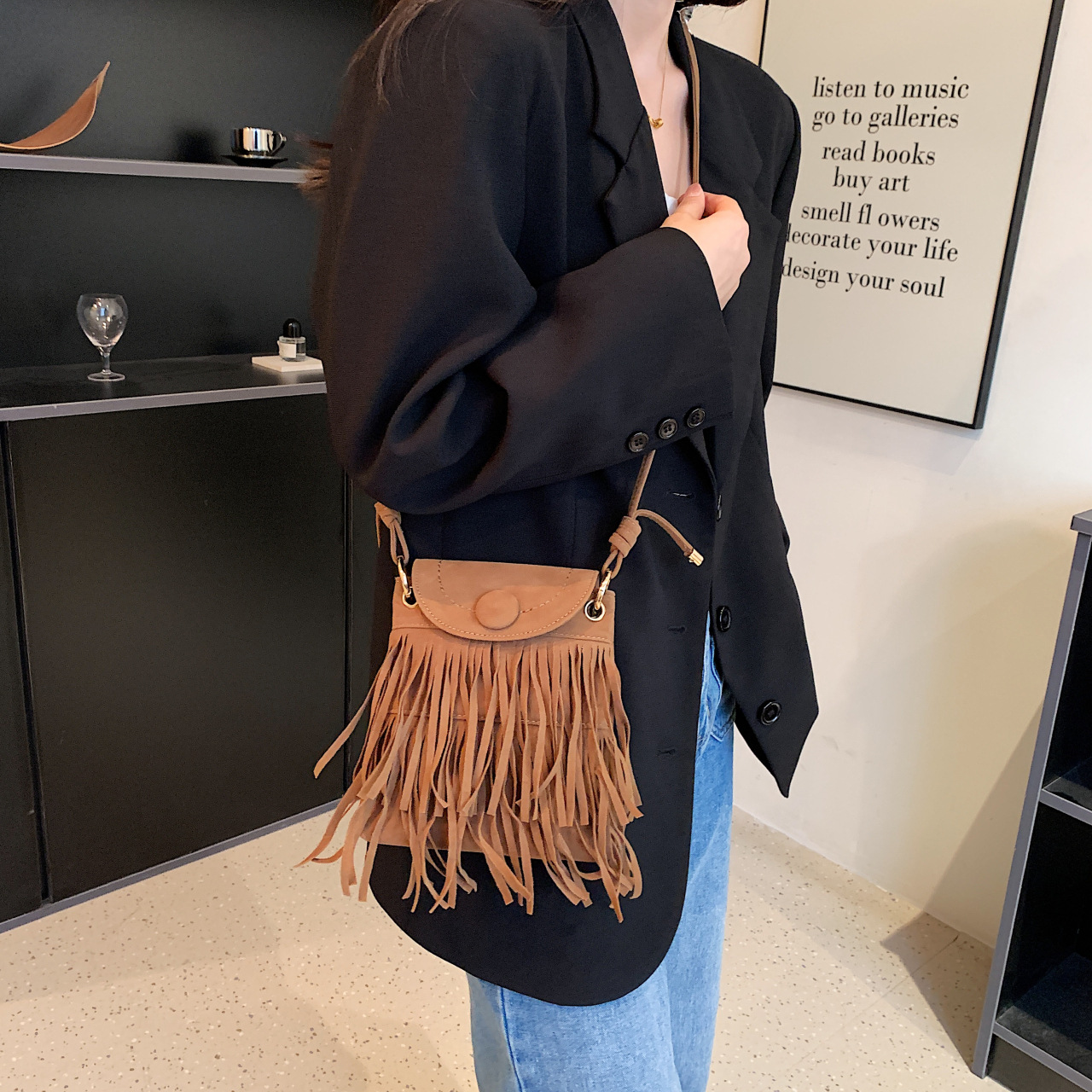 Retro Crossbody Fringe Solid Color Small Square Bag