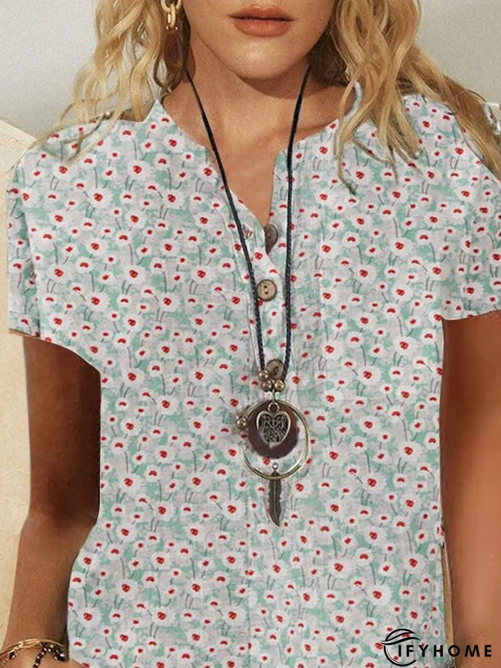 Casual Shirt Collar Short Sleeve Floral Blouse | IFYHOME