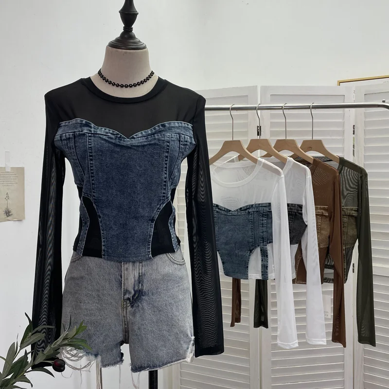 Uveng Spice Girls Design Sense Net纱 Stitched With Denim Blouse Long-Sleeved Bottom Shirts To Dress Short Niche T-Shirt 2633