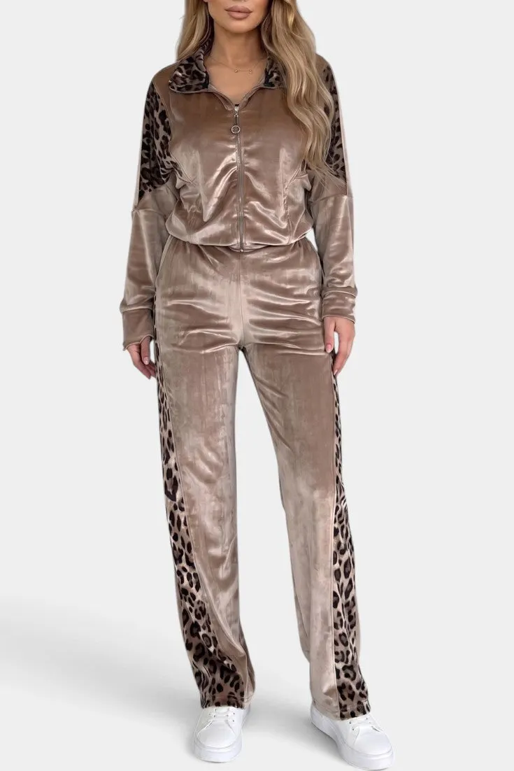 Leopard-Print Velvet Zip-Up Jacket & Pants Set