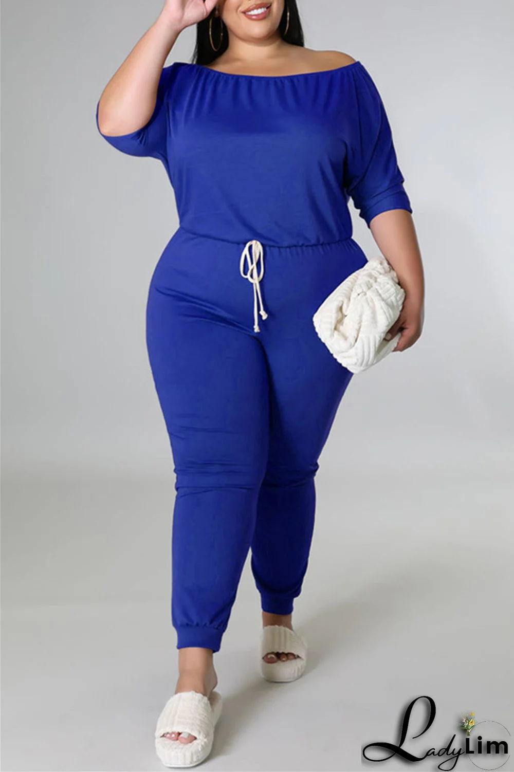 Blue Fashion Casual Solid Basic O Neck Plus Size Two Pieces