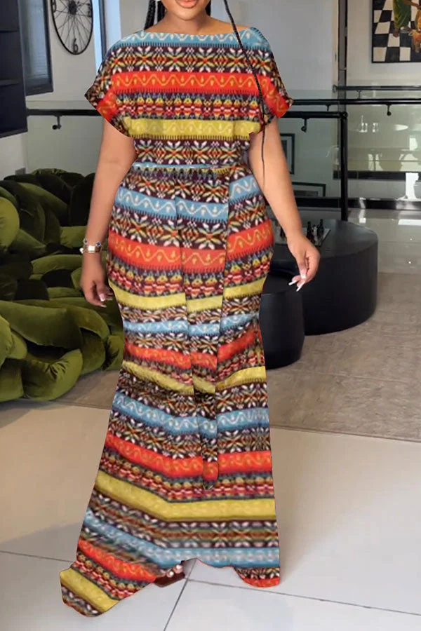 Striped Tribal Print On-trend Irregular Maxi Dress