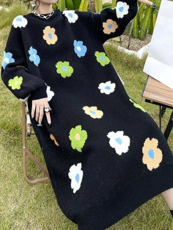 Floral thick Knit  Loose  Contrasting  Midi Dress