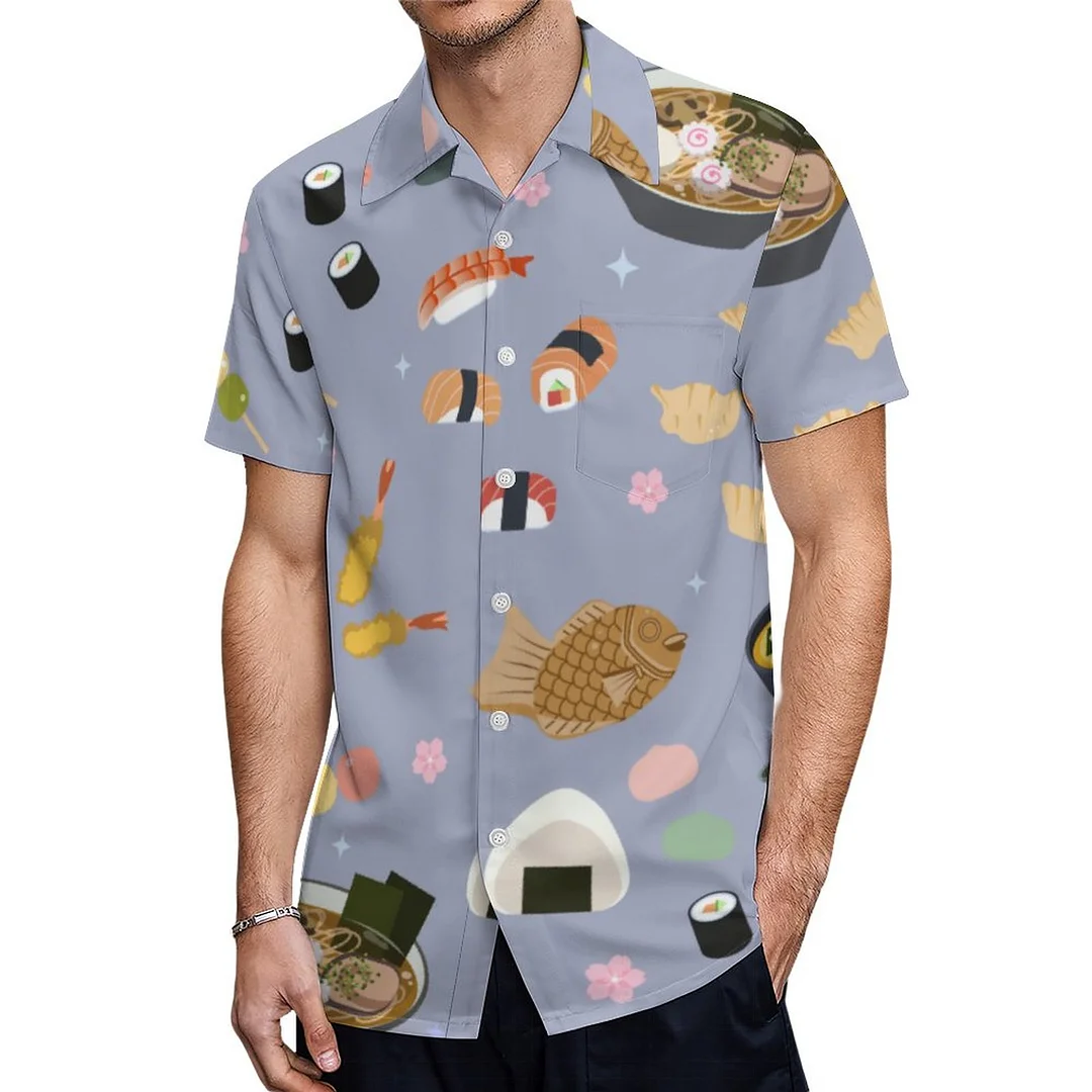 Short Sleeve Japanese Food Drinks Treats Hawaiian Shirt Mens Button Down Plus Size Tropical Hawaii Beach Shirts