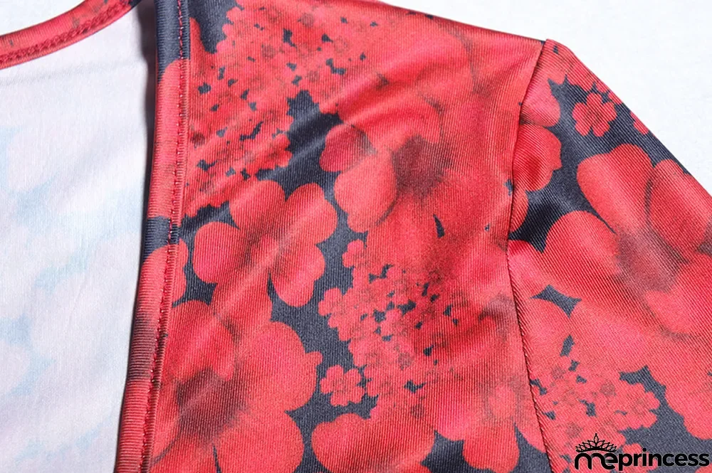 Fashion Print Sexy Deep V Long Sleeve Crop Top Bodycon Skirt Two-Piece Set