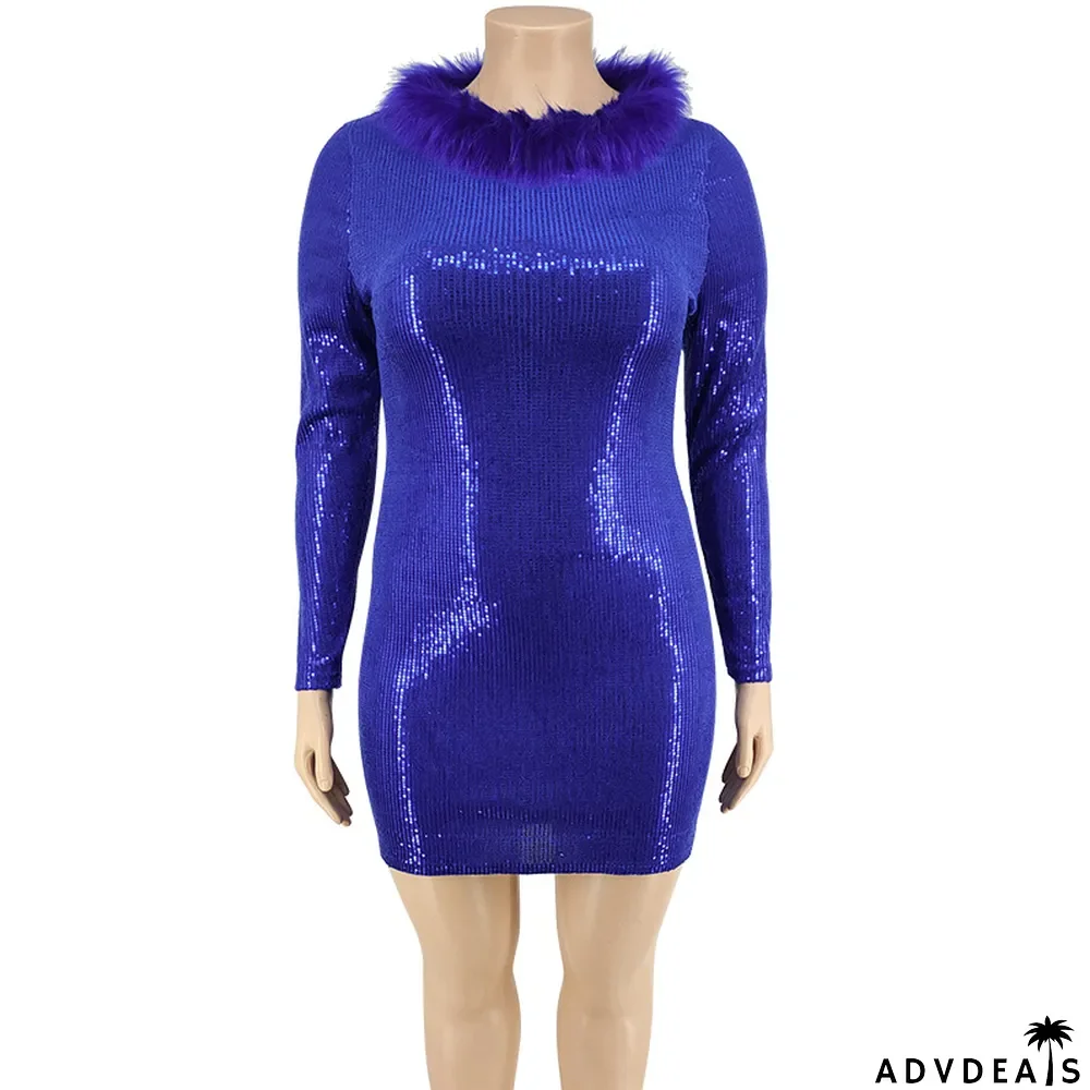 Plus Size Autumn Women's Fur Collar Velvet Bottom Embroidered Sequin Dress