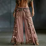 Women's Spring Floral Embroidered Art Print Flowy Linen Blend Casual Pants - Image 2