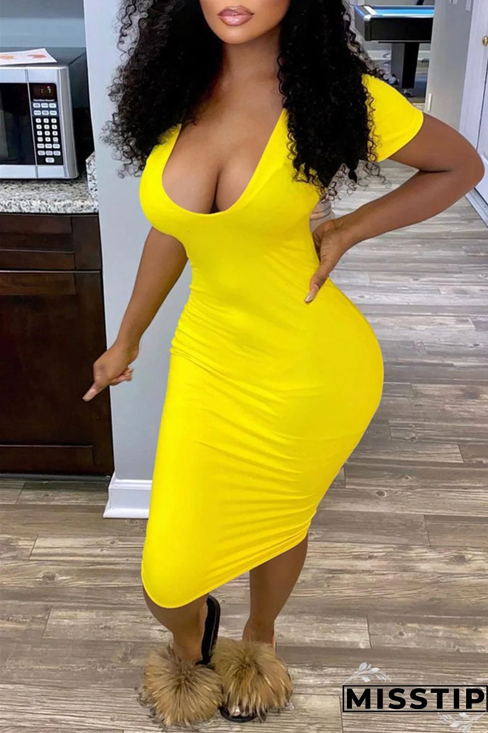 Orange Fashion Sexy Solid Basic V Neck Short Sleeve Dress