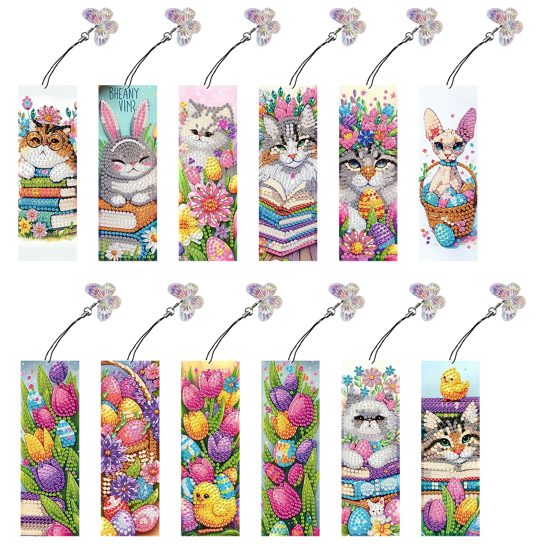 12Pcs Easter Cats DIY Diamond Art Painting Bookmark for Reading Enthusiasts