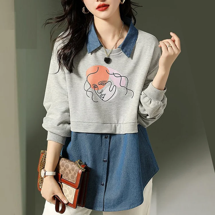 Gray Long Sleeve Denim Printed Shift Shirts & Tops QueenFunky