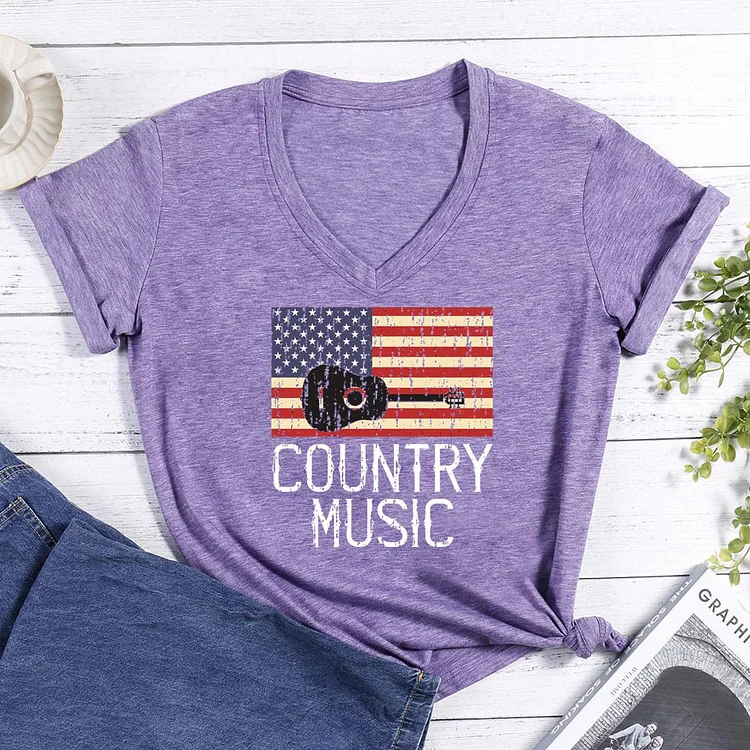 Country Music Vintage Guitar V-neck T Shirt-Annaletters