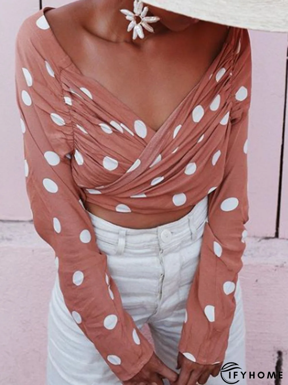 Regular Fit V Neck Vacation Polka Dots Crop Top | IFYHOME