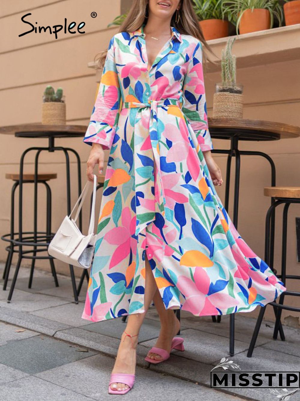 V-neck long sleeves lace up buttons floral beach maxi shirt dress women Holiday split sash dresses Print loose vestidos