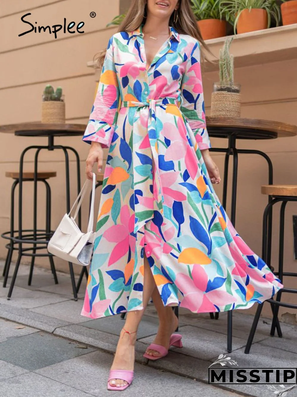 V-neck long sleeves lace up buttons floral beach maxi shirt dress women Holiday split sash dresses Print loose vestidos