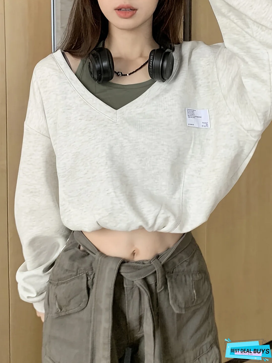 Faux Twinset Patch Pullover Sweatshirt, Casual Long Sleeve Crop Top, Women's Clothing