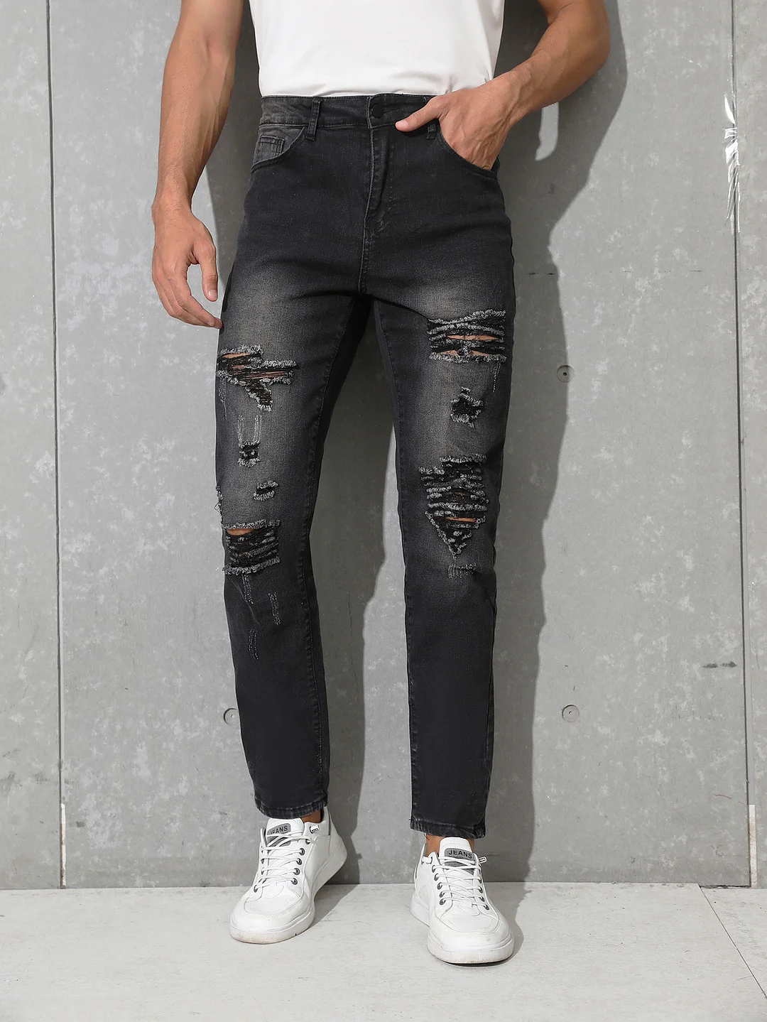 Men's 2024 Ripped Denim Pants Mid Rise Jeans